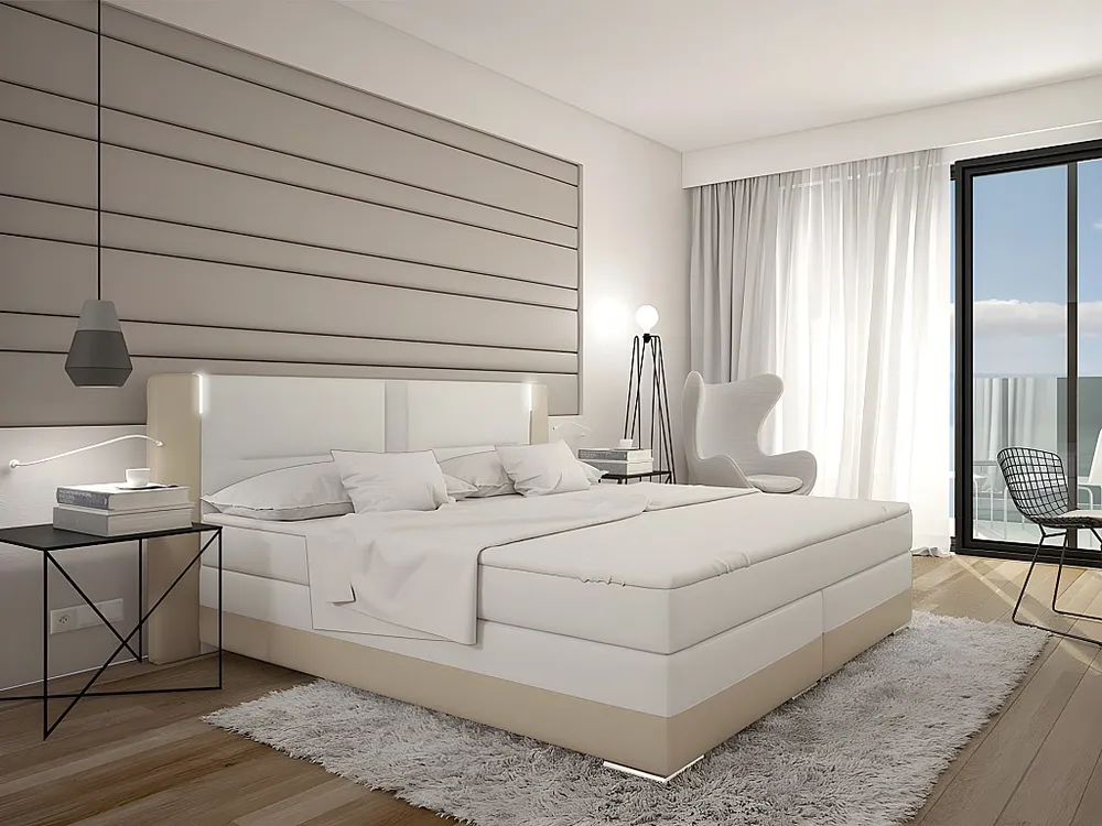 Conjunto boxspring ASTI 160x200cm, pele sintética, creme/branco