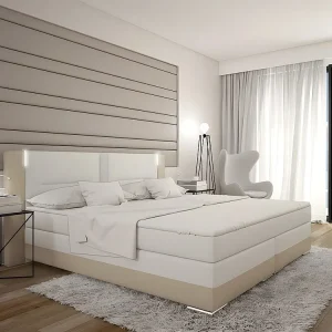 Conjunto boxspring ASTI 160x200cm, pele sintética, creme/branco