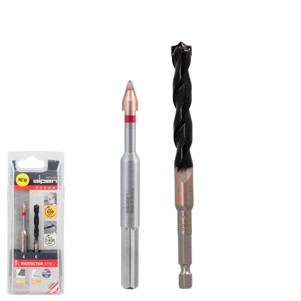 Broca Alpen para materiais de porcelana muito duros, Ø 6 mm. Conjunto com 2 brocas. Sem refrigeração.
