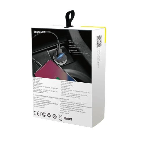 Lanç para Guincho Carregador de Isqueiro Baseus USB+USB-C - Preto