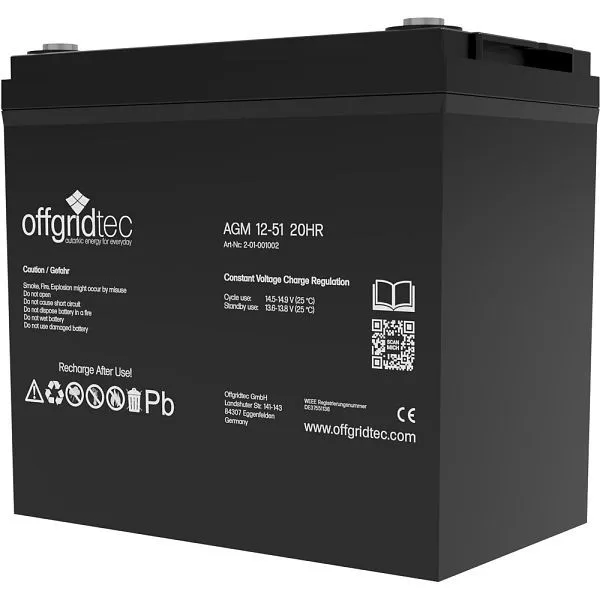 Offgridtec AGM 51Ah 20HR 12V - bateria solar sobremaneira à prova de ciclo, 2-01-001002