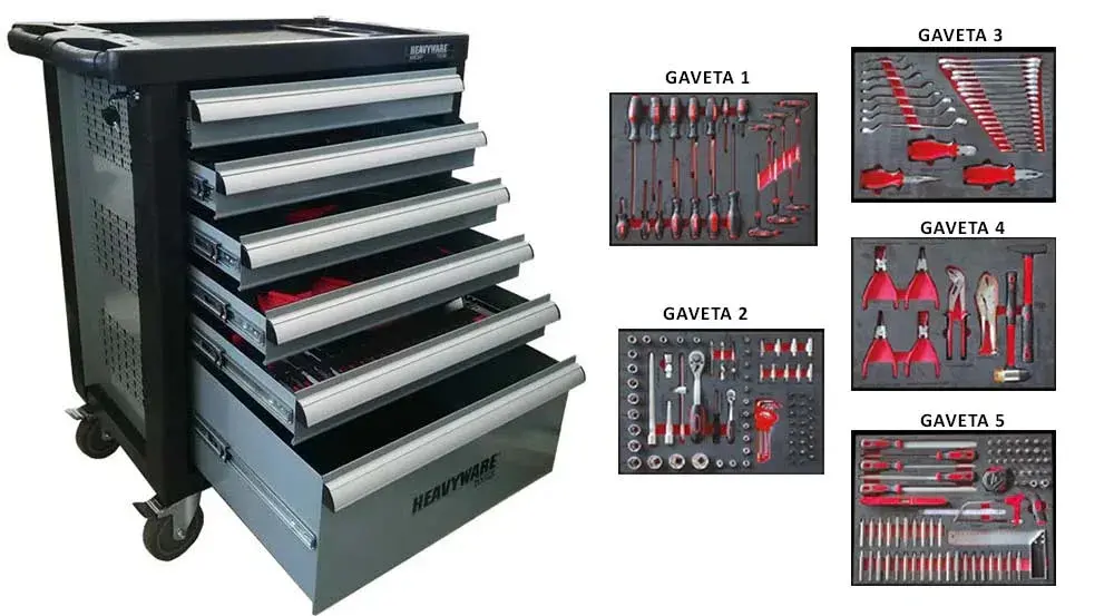 Carro de Ferramentas HEAVYWARE HRC207EVO - 207 Peças com 6 Gavetas