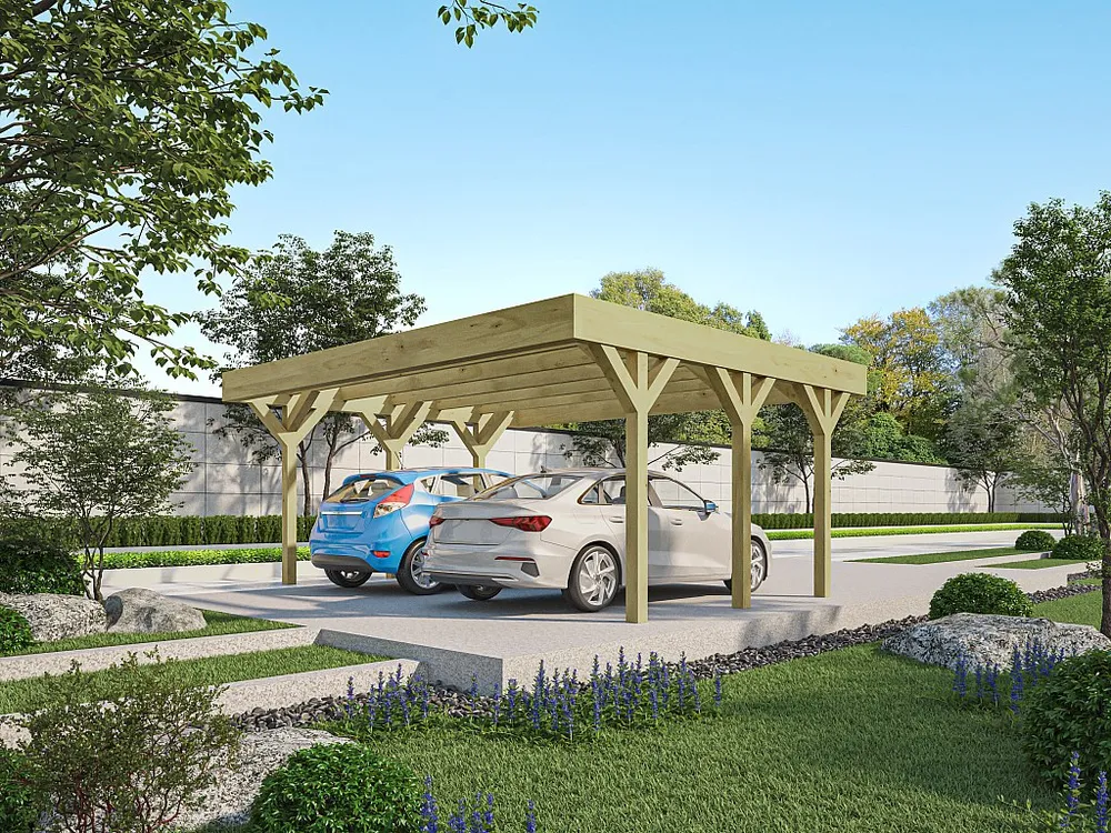 Tampa Rígida para Caçamba Abrigo para carro duplo autoportante em madeira tratada 2 viaturas 30 m² C5 x L6 - ARIANE