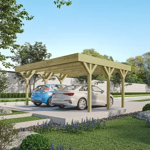 Tampa Rígida para Caçamba Abrigo para carro duplo autoportante em madeira tratada 2 viaturas 30 m² C5 x L6 - ARIANE
