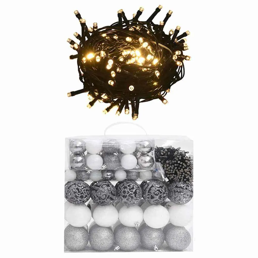 Conj. de bolas de natal 120 pcs + pico e 300 LEDs branco/cinza