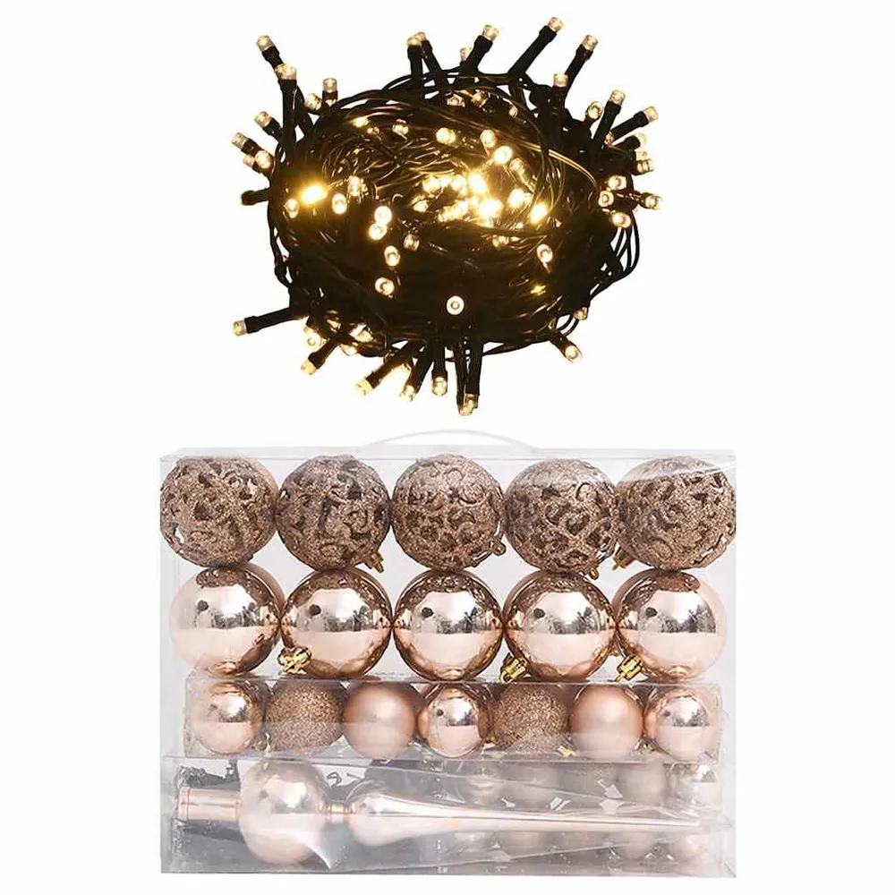 Conj. de bolas de natal 61 pcs com pico e 150 LEDs rosa dourado