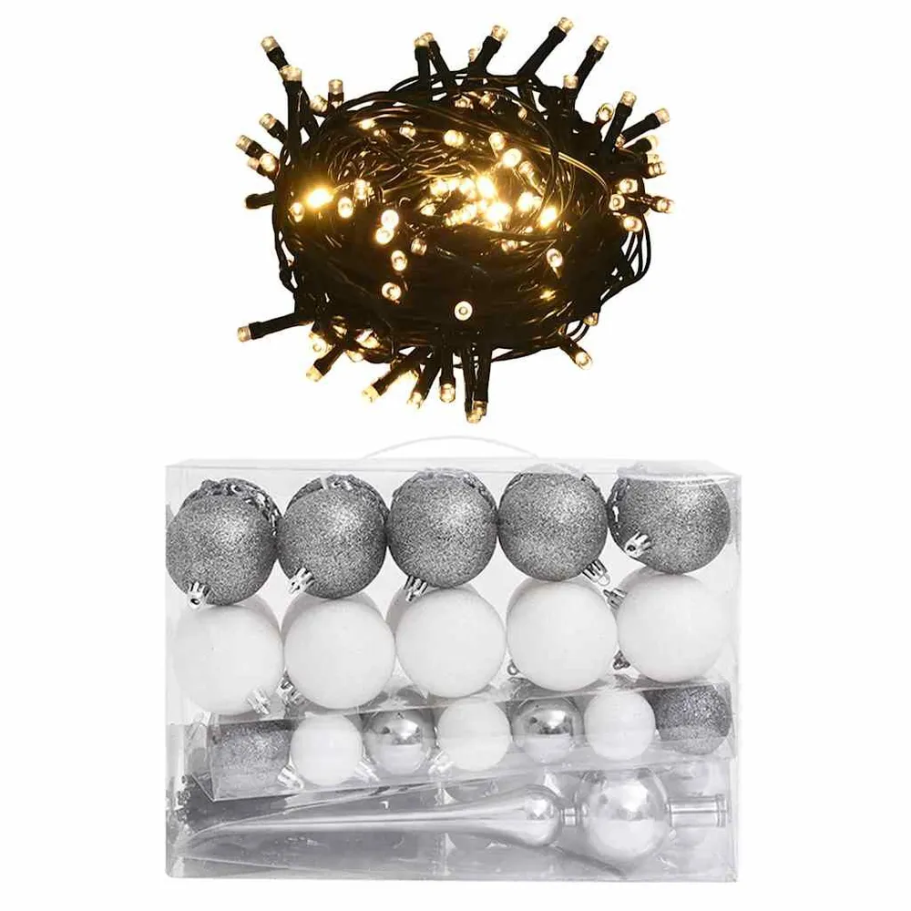 Conj. de bolas de natal 61 pcs com pico e 150 LEDs branco/cinza