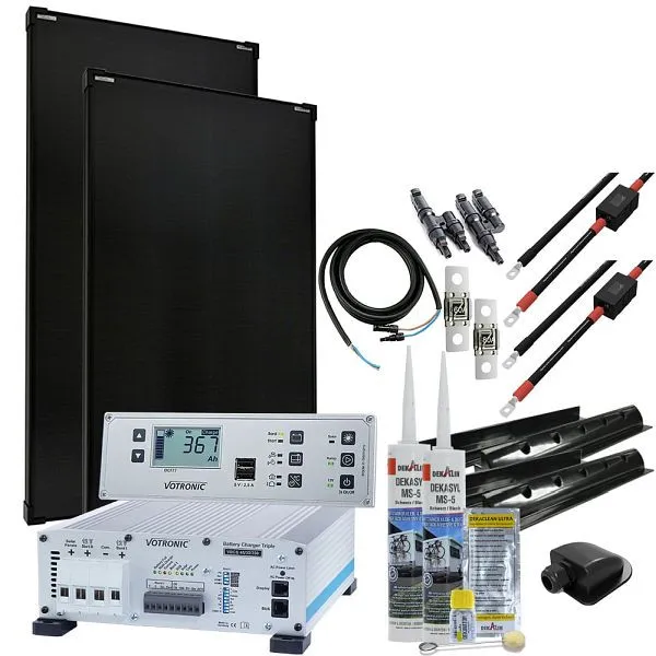 Sistema solar para motorhome Offgridtec mTriple com 1 carregador triplo VBCS de 180 W 45/30/350 e painel combinado Júpiter...
