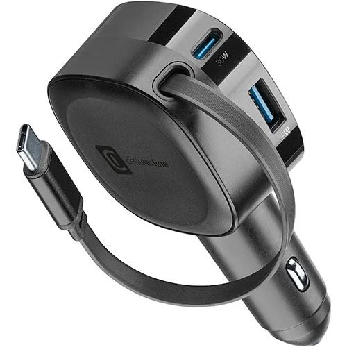 Carregador de Isqueiro com Cabo USB TIPO C Retrátil Cellularline - 60W - Preto