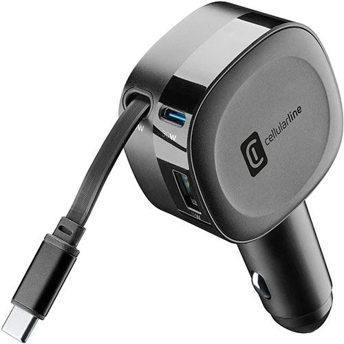 Carregador de Isqueiro com Cabo USB TIPO C Retrátil Cellularline - 60W - Preto