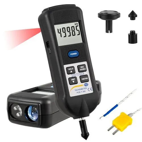 Medidor de RPM da PCE Instruments, tacômetro, estroboscópio LED, termômetro tipo IR + K, PCE-T 260