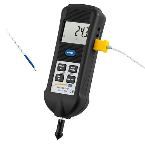 Medidor de RPM da PCE Instruments, tacômetro, estroboscópio LED, termômetro tipo IR + K, PCE-T 260