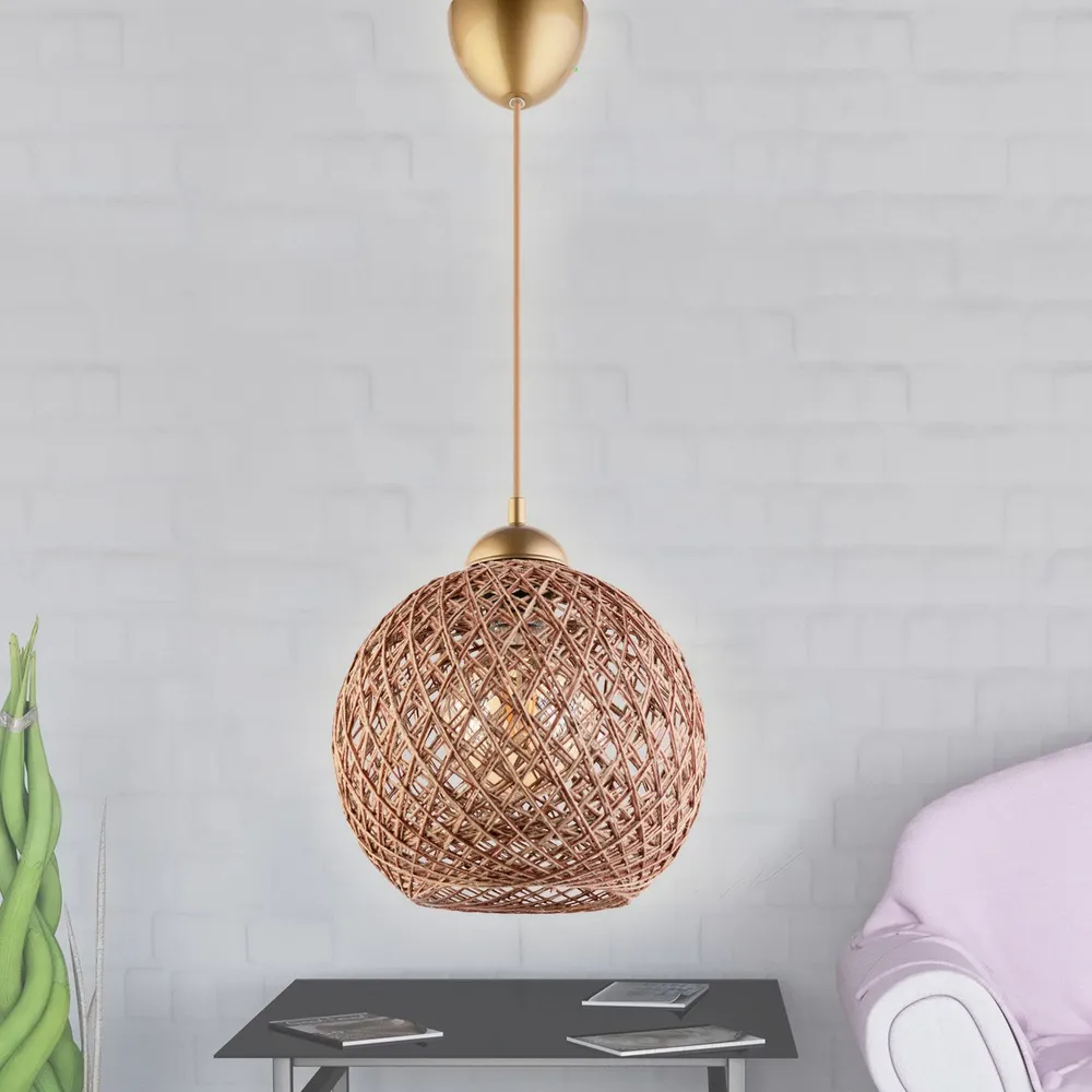 Suspensão Berleda D22cm Metálico Ouro e Algodão Marrom Heavy Duty