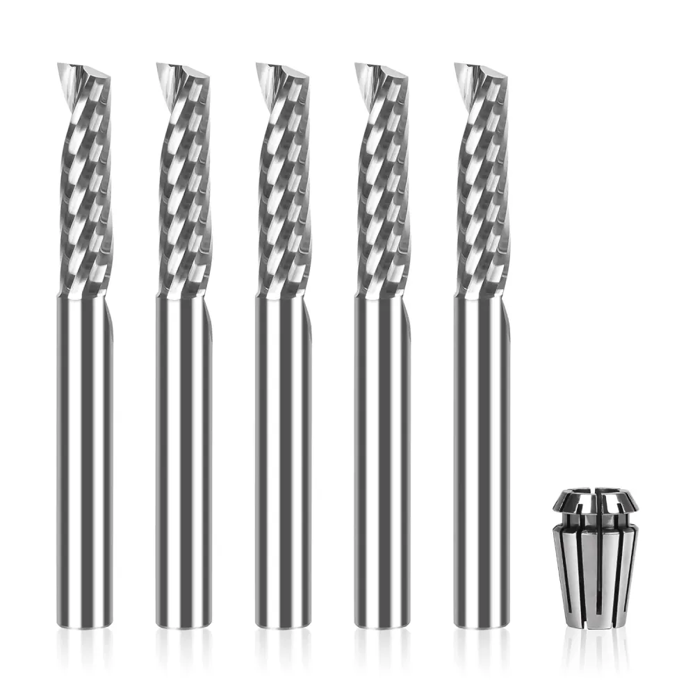 5PCS Single Flute End Mill 1/4”Shank, Upcut CNC Spiral Router Bit Aluminum Plastic Acrylic PVC