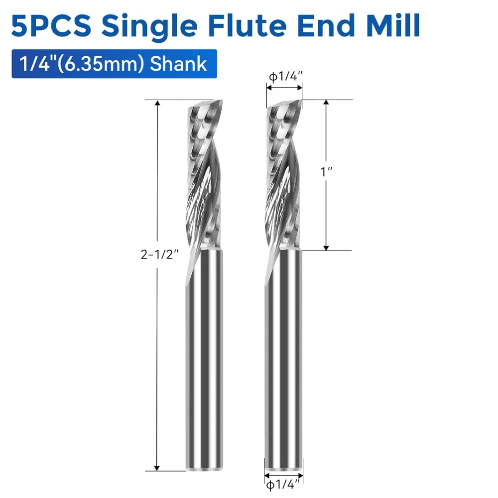 5PCS Single Flute End Mill 1/4”Shank, Upcut CNC Spiral Router Bit Aluminum Plastic Acrylic PVC