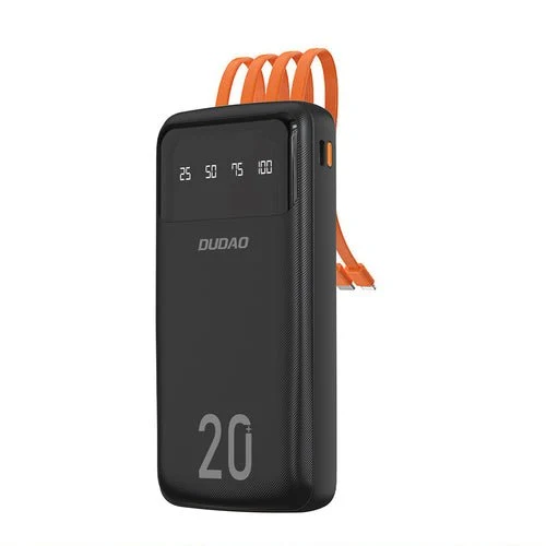 Bateria externa Dudao 20000 mAh, 3 cabos USB-C/micro USB/Lightning.