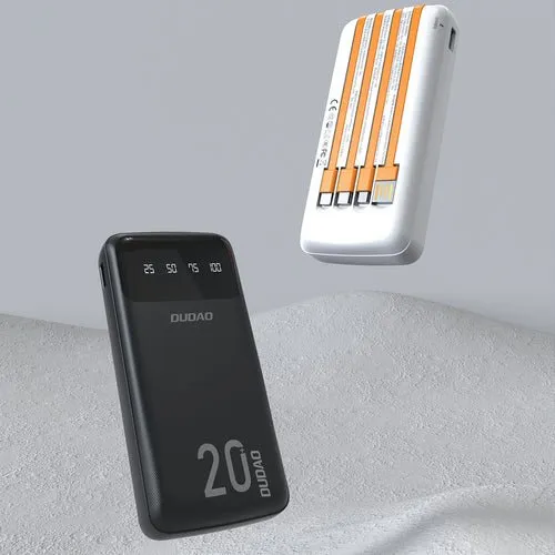 Bateria externa Dudao 20000 mAh, 3 cabos USB-C/micro USB/Lightning.