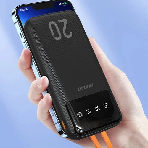 Bateria externa Dudao 20000 mAh, 3 cabos USB-C/micro USB/Lightning.