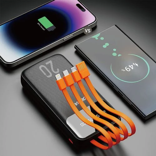 Bateria externa Dudao 20000 mAh, 3 cabos USB-C/micro USB/Lightning.