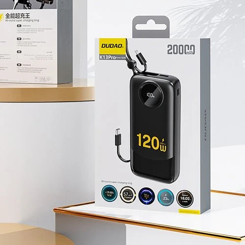 Bateria externa Dudao K13 10000 mAh com cabo integrado - Preto