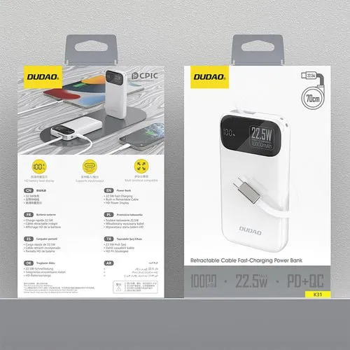 Bateria externa Dudao K31 10000 mAh 22,5 W PD com cabo integrado - Branca