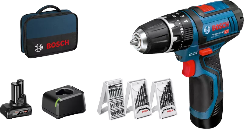 Berbequim GSB 12V-15 + bateria 2Ah + conjunto de 25 bits + carregador Bosch