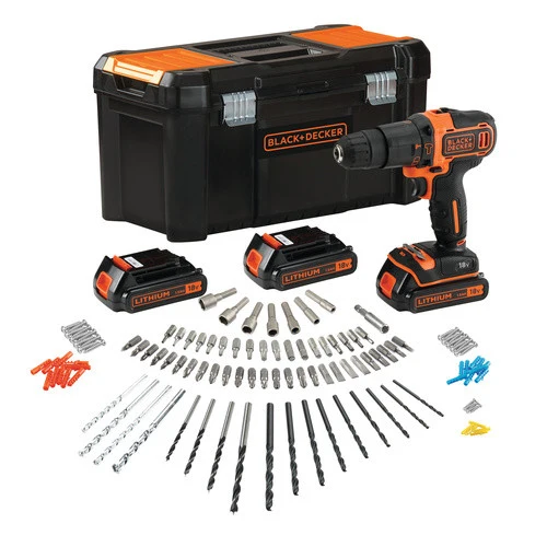 Broca de Percussão Black + Decker 18V + 120 Acessórios 3 Bat 1.5Ah com Caixa BDCHD181B3A