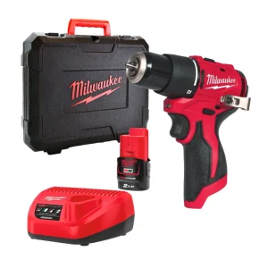 Broca de percussão subcompacta M12 + Bateria 2Ah + Carregador + Mala Milwaukee M12 BLPDRC-202C