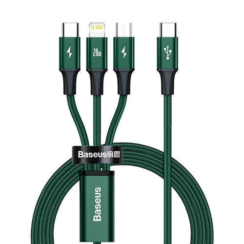 Cabo Baseus Rapid 3 em 1 USB-C/Lightning/micro USB 20W PD 1,5m - verde