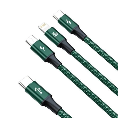 Cabo Baseus Rapid 3 em 1 USB-C/Lightning/micro USB 20W PD 1,5m - verde