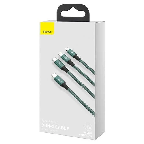 Cabo Baseus Rapid 3 em 1 USB-C/Lightning/micro USB 20W PD 1,5m - verde