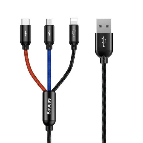 Cabo Baseus 3 em 1 USB-, 0,3 m, preto (micro USB, Lightning, USB-C)