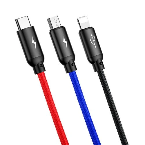 Cabo Baseus 3 em 1 USB-, 0,3 m, preto (micro USB, Lightning, USB-C)