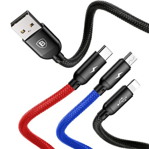 Cabo Baseus 3 em 1 USB-, 0,3 m, preto (micro USB, Lightning, USB-C)