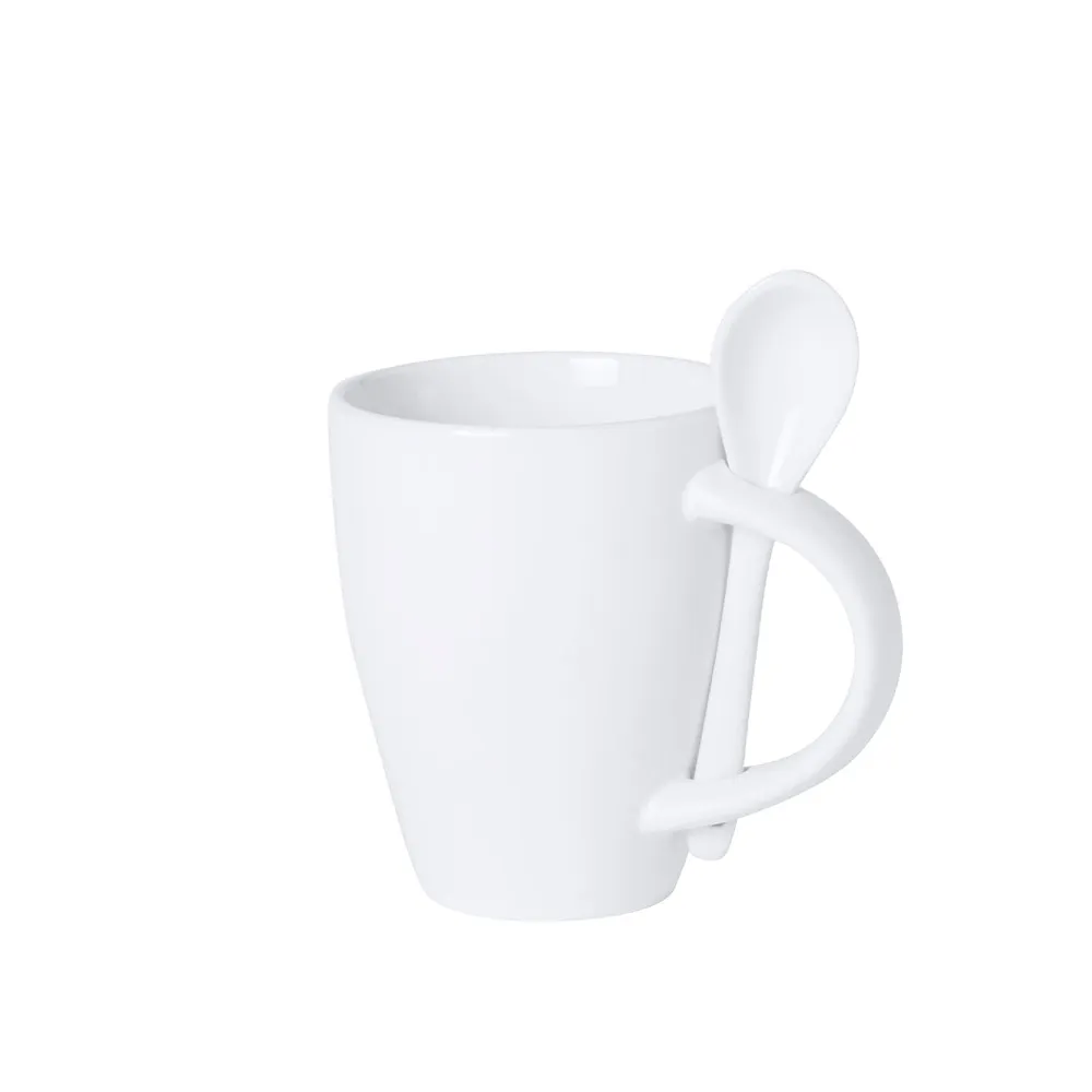Caneca de Cerâmica Branca com Colher Integrada 300ml