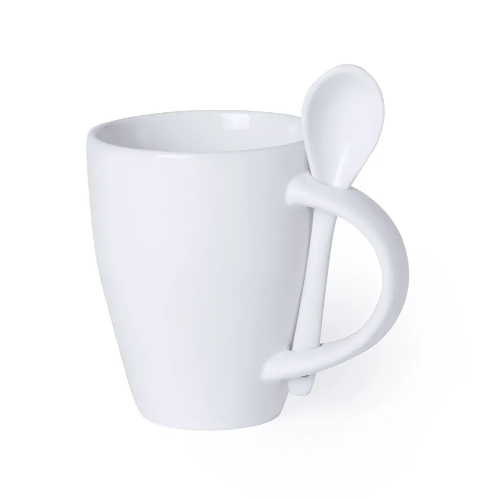 Caneca de Cerâmica Branca com Colher Integrada 300ml