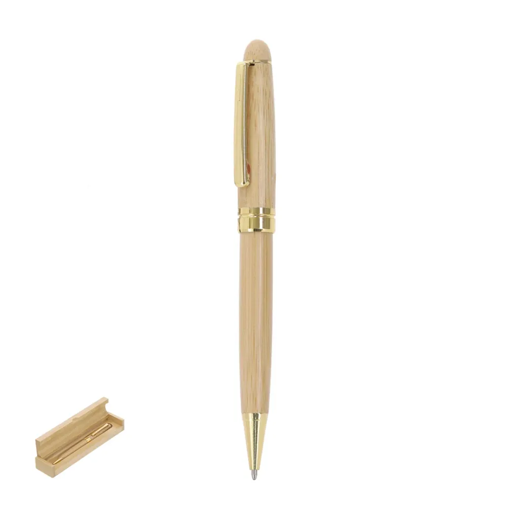 Caneta Elegante em Bambu com Acabamento Dourado