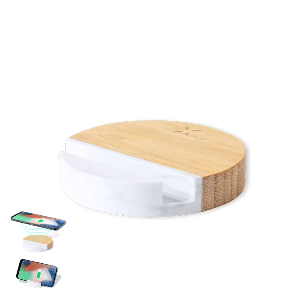 Carregador Sem Fios 15W com Suporte em Bambu e Mármore