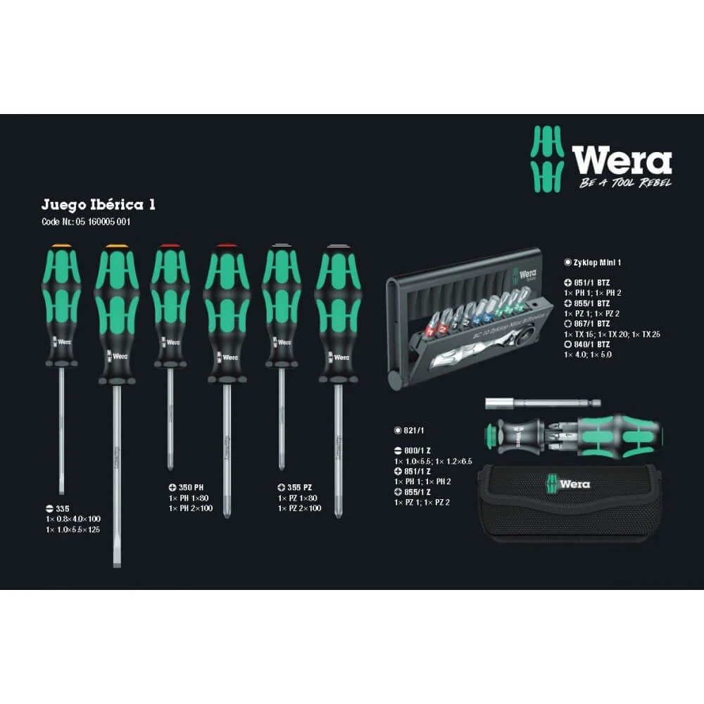 Conjunto de chave de fendas e porta bits com bits 23 peças Wera Set Iberica 1 ref.160005