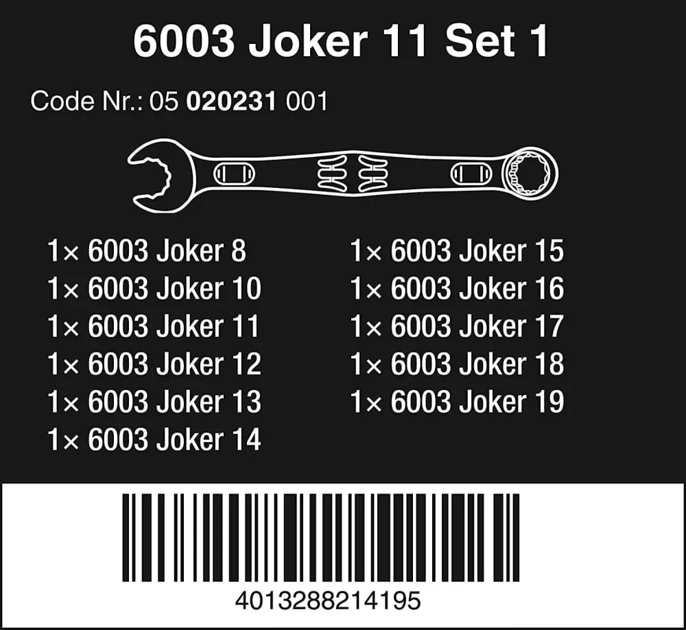 Conjunto de 11 chaves de boca aberta e chaves de éis 6003 Joker Wera 020231
