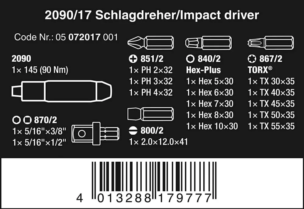 Conjunto de chaves de fendas 90Nm 17 peças 2090/17 Wera 072017