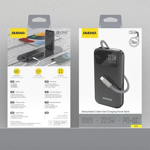 Dudao K31 10000 mAh 22,5 W PD com cabo integrado - Preto