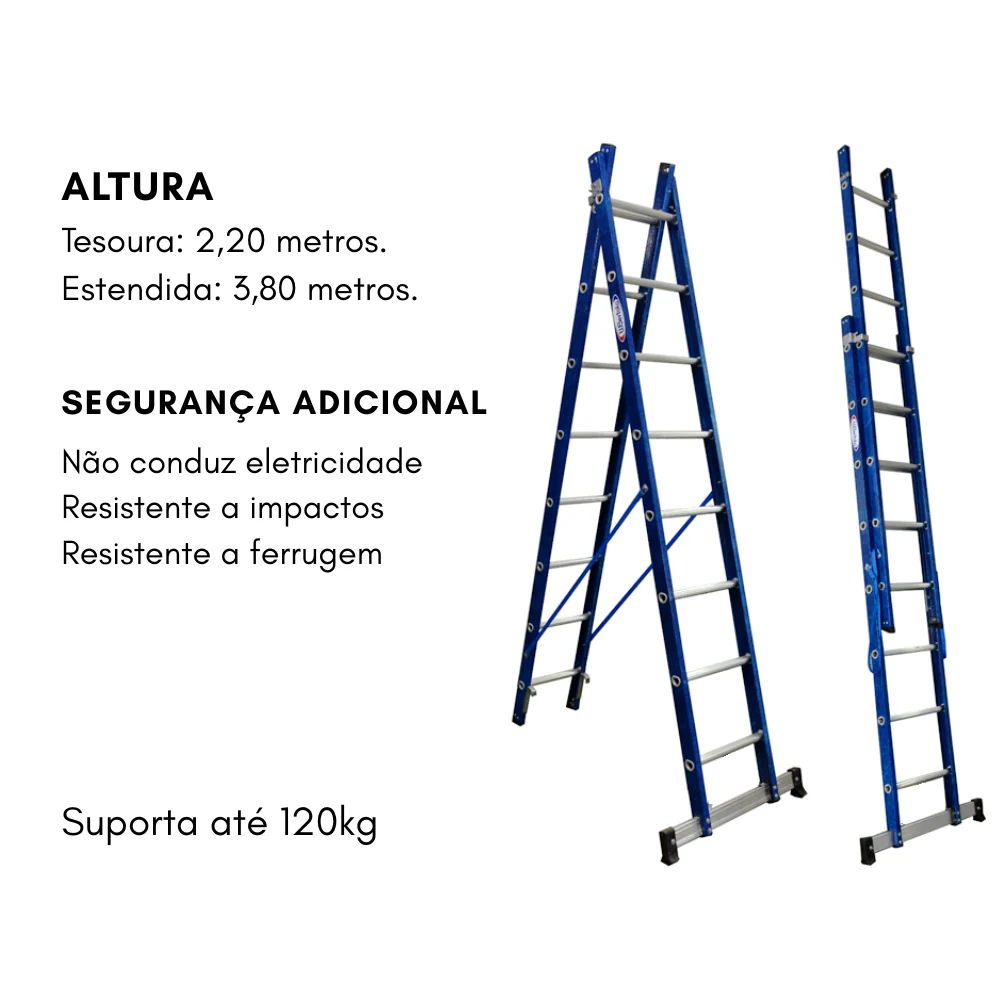 Escada de Fibra e Alumínio Tesoura Extensível Premium 2,20×3,80m 7×12 Degraus 120kg W.Bertolo