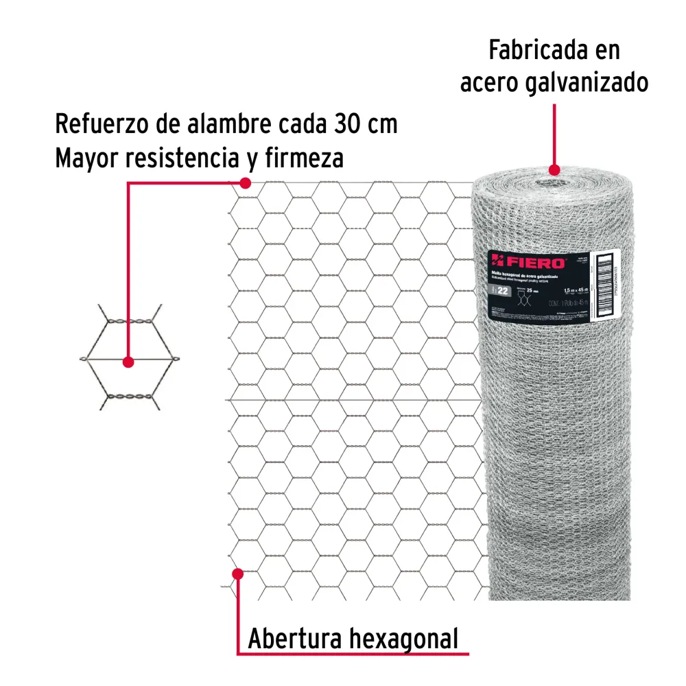 Malla Hexagonal Calibre 22 Abertura 25 mm Altura 1.50 Metros Fiero Rollo 45 Metros