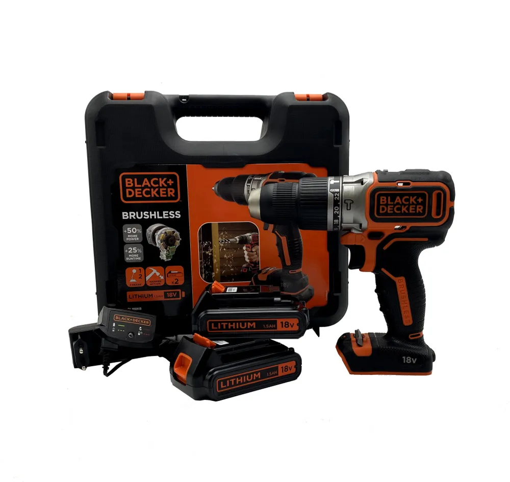 Furadeira Percussão Black+Decker BL188KB sem escovas - 18 V 2 bat. 1,5 Ah e maleta