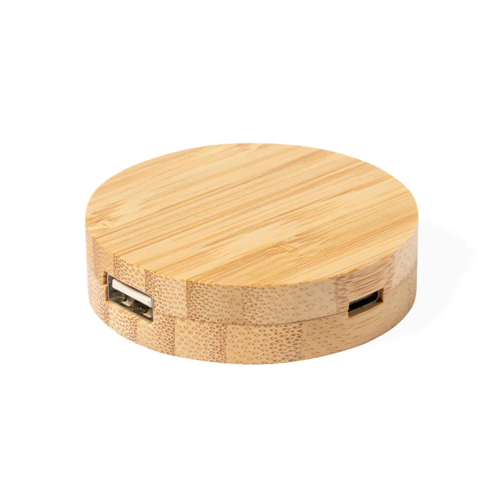 Hub USB 2.0 em Bambu com Porta Tipo C e Bloqueio