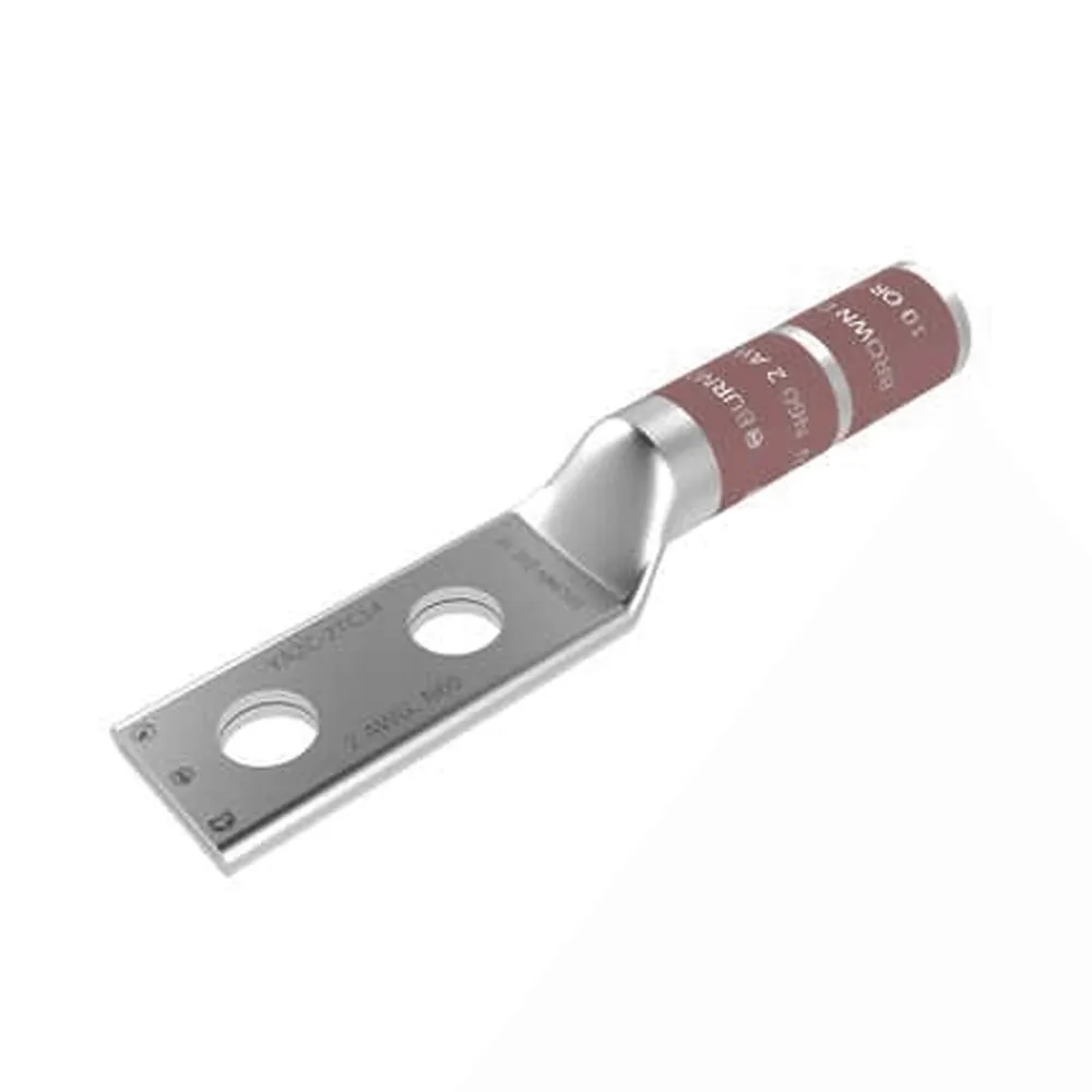 Zapata Terminal de Compresión de Barril Largo con Doble Ojillo para Tornillo 1/4" y Cable 2 AWG / Espaciado de 5/8". HUB...