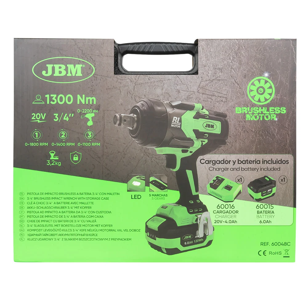 Chave de impacto sem fios de 3/4" com motor sem escovas e binário de 1300 Nm, com mala de transporte - 60048C JBM