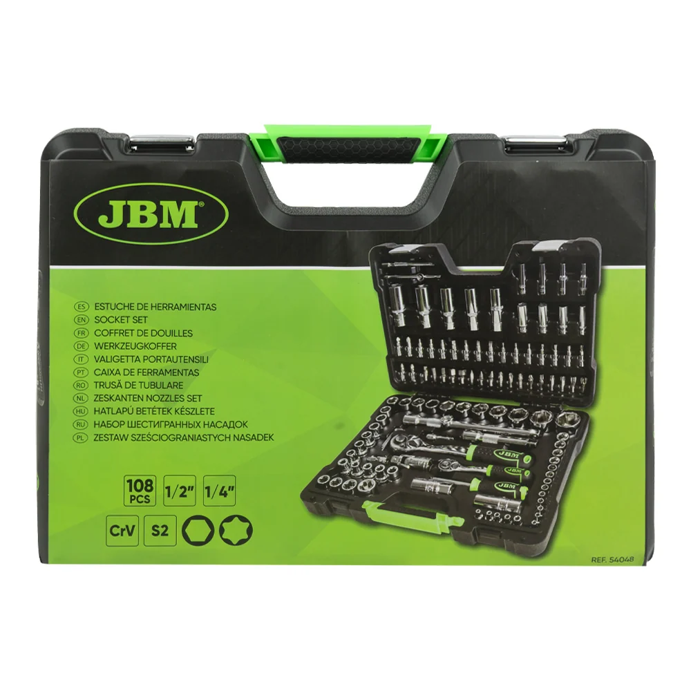 Jogo de ferramentas com 108 peças, incluindo soquetes sextavados, cromados - 54048 JBM