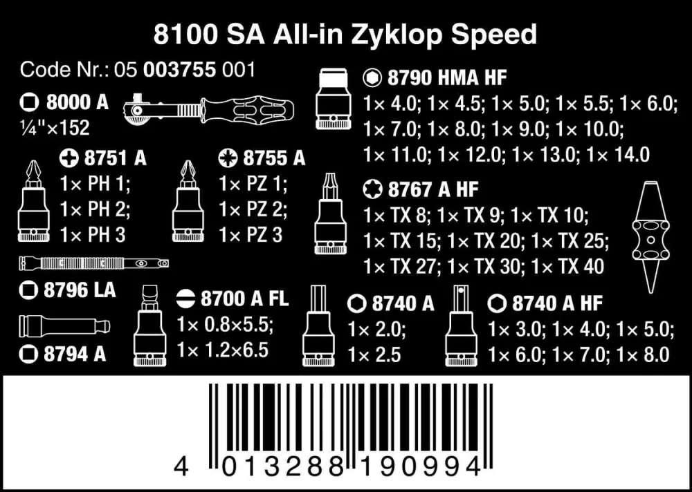 Jogo de catraca com vasos e pontas 42 peçass Zyklop Speed All- Wera 003755